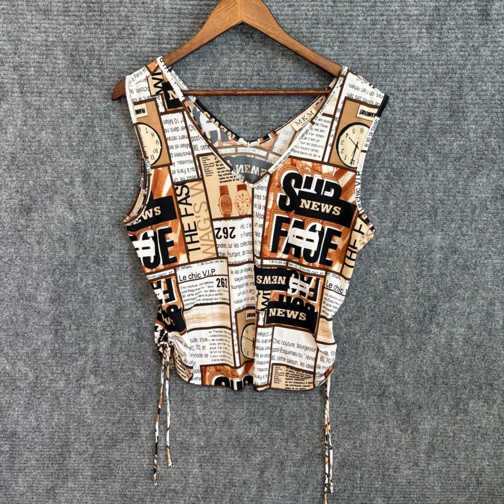 MKM Designs Newspaper Print Ruched Side V-Neck Tank Top Brown Tan 1XL